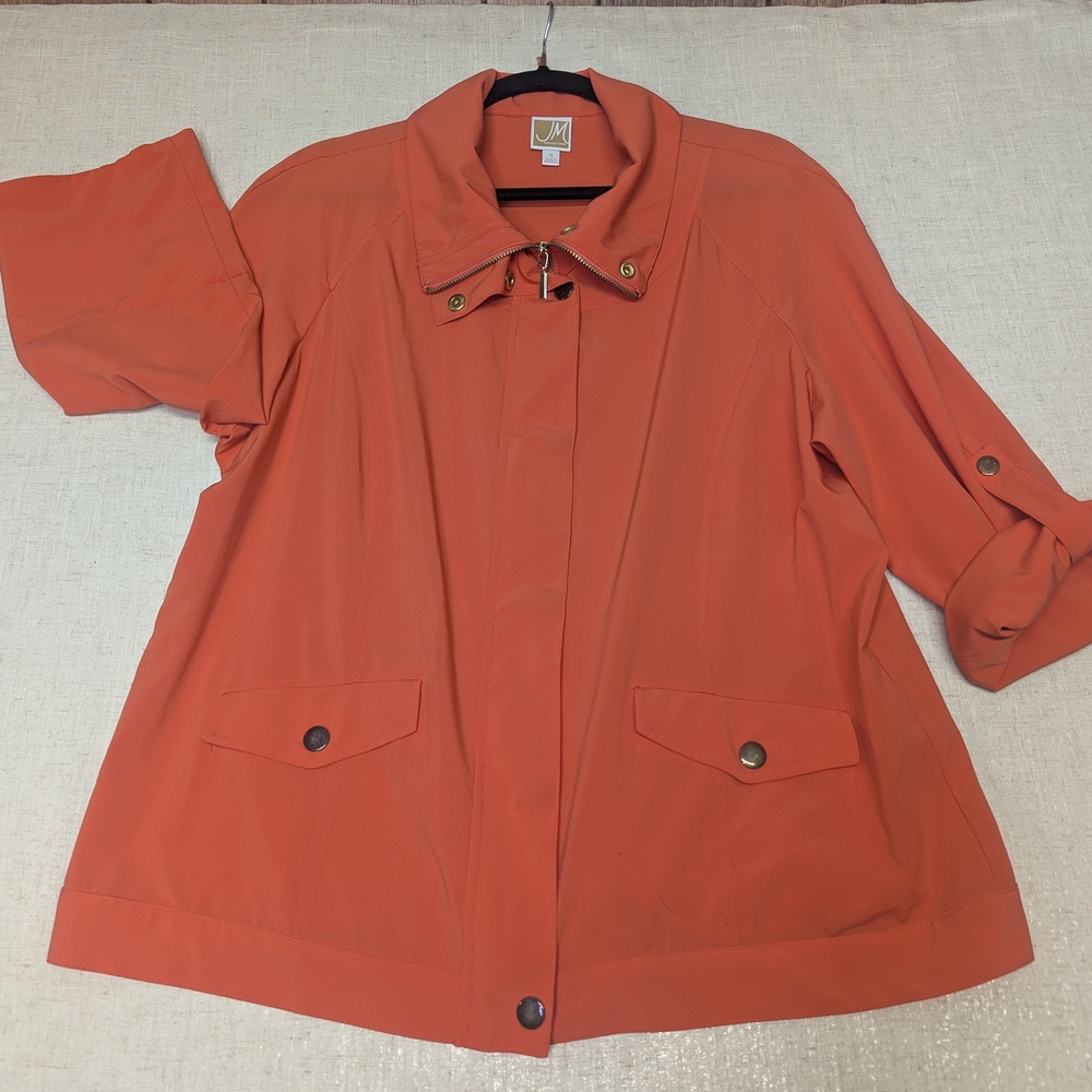 JM Collection Orange Lightweight Utility Jacket Roll-Tab Sleeves Plus Size 16